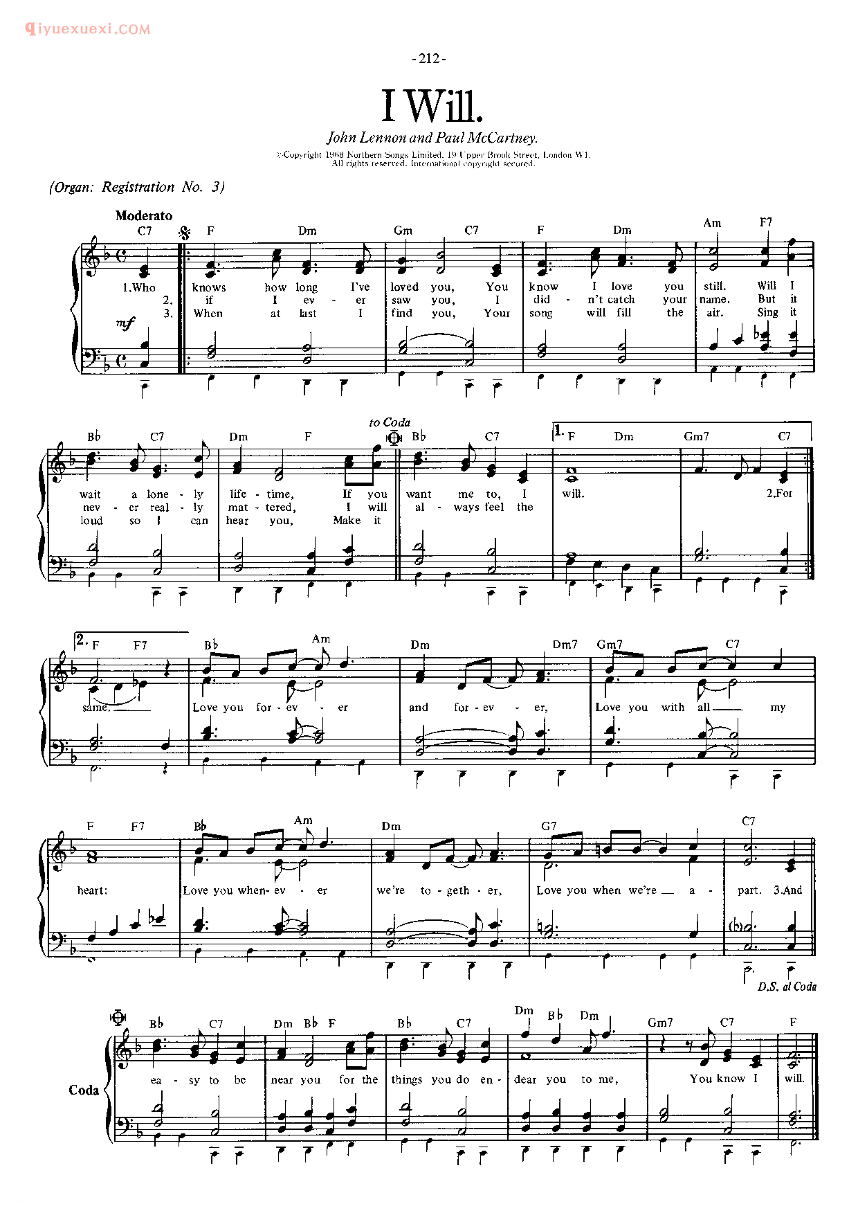 披头士/甲壳虫乐队钢琴乐曲谱《I Will》英国摇滚乐队