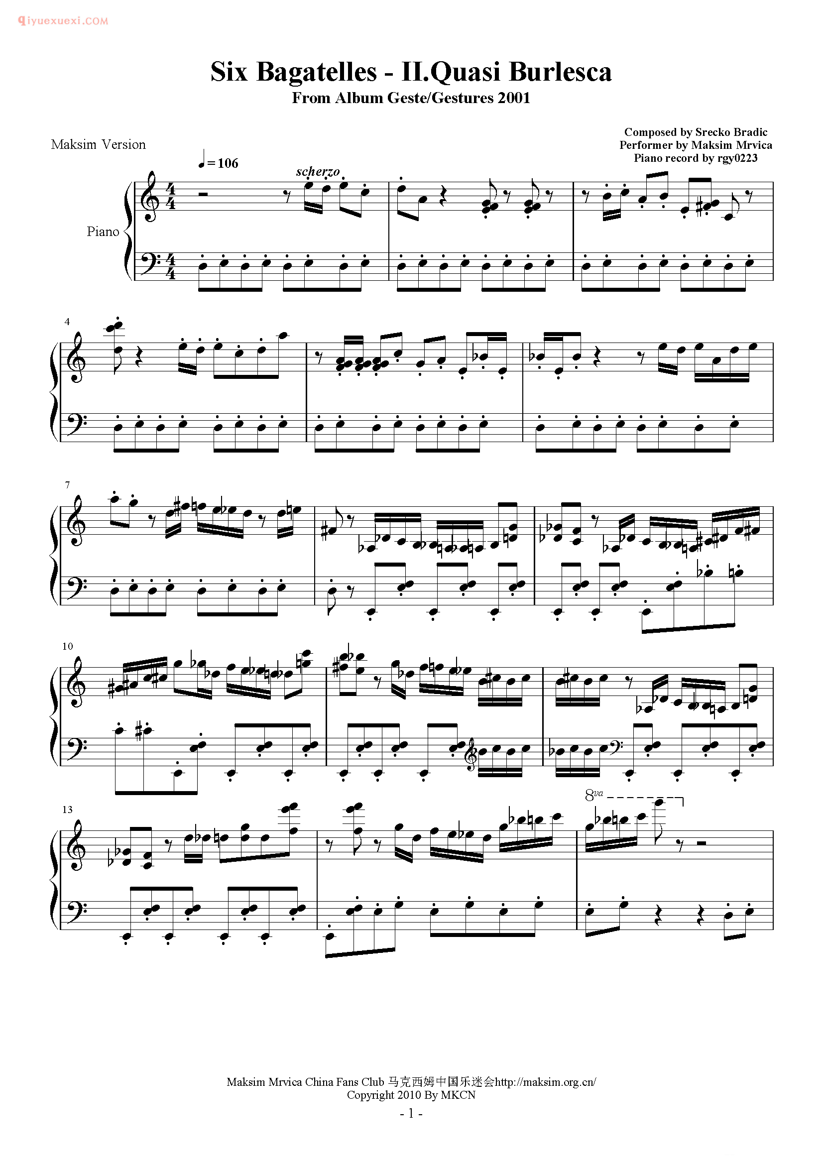 Six Bagatelles - II.Quasi Burlesca (Srecko Bradic)