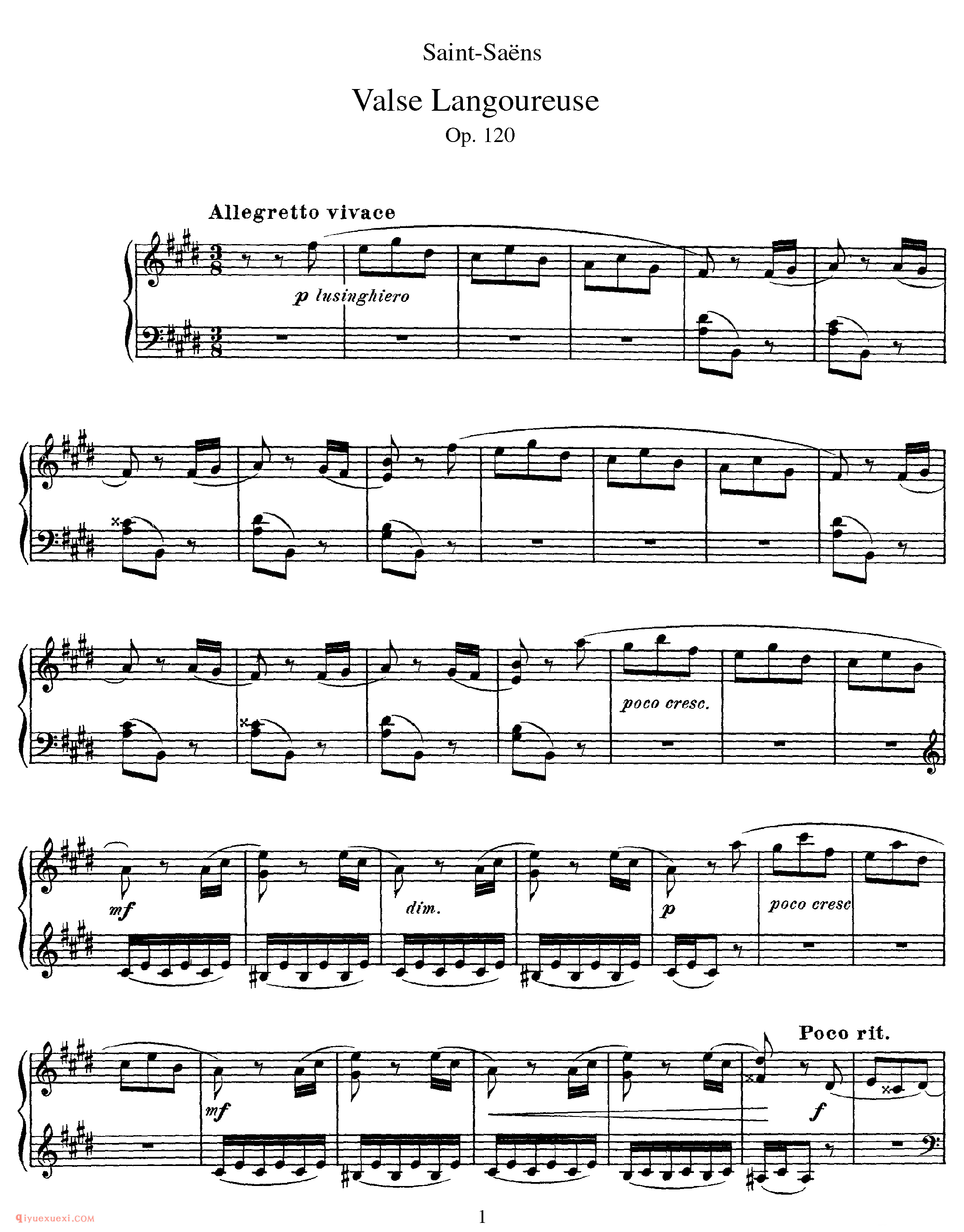 伤感圆舞曲 Valse Langoureuse, Op 120_圣桑钢琴谱