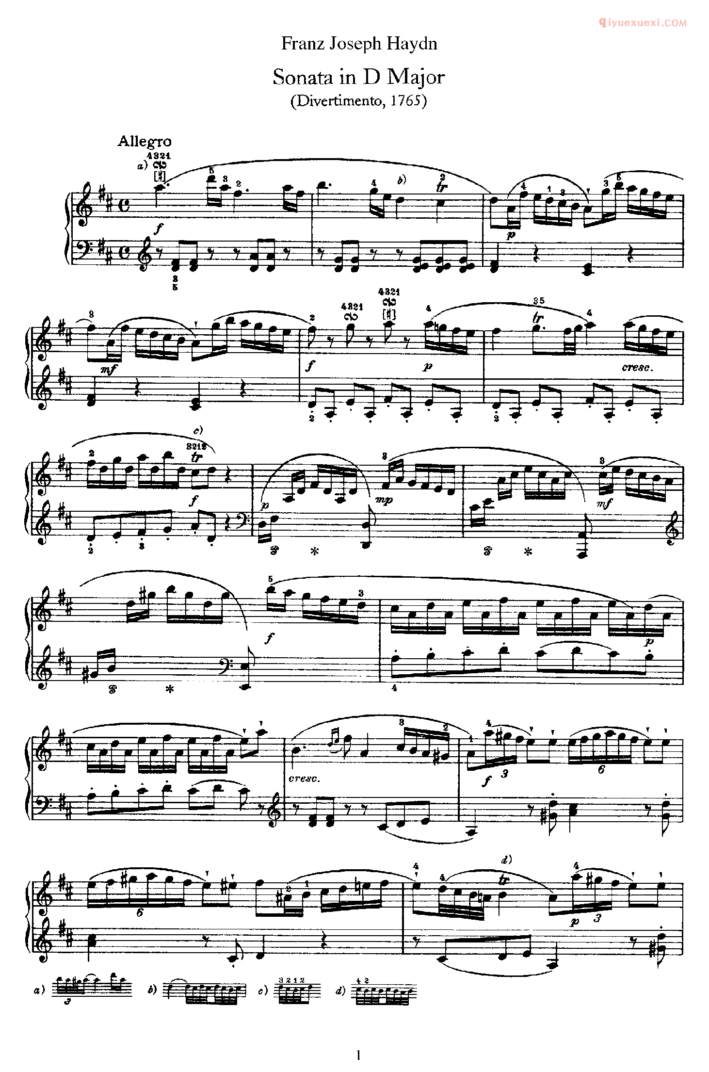 海顿D大调《第4钢琴奏鸣曲》Franz Joseph Haydn Sonata in D Majorr_海顿钢琴谱