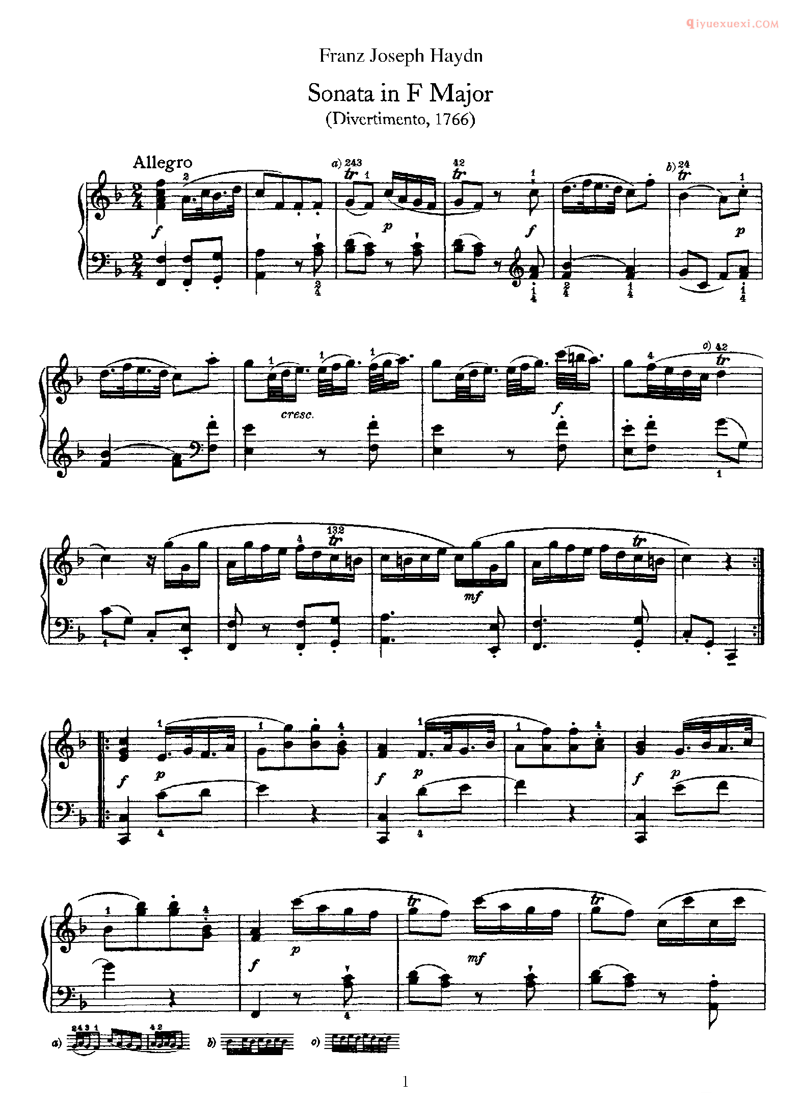 海顿F大调《第9钢琴奏鸣曲》Franz Joseph Haydn Sonata in F Major_海顿钢琴谱