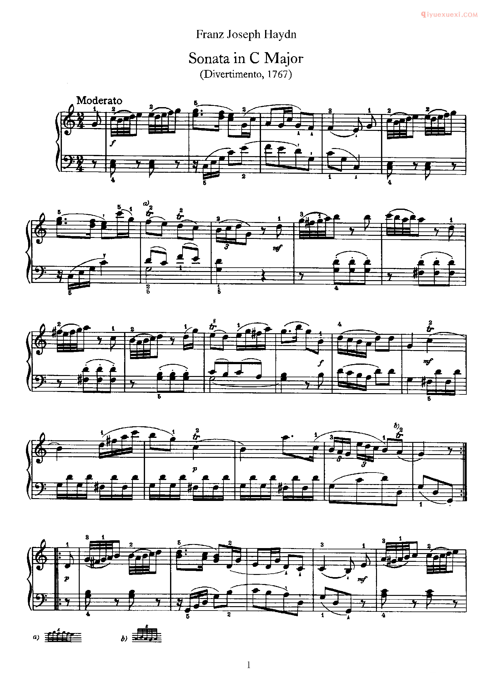 海顿C大调《第9钢琴奏鸣曲》Franz Joseph Haydn Sonata in C Major_海顿钢琴谱