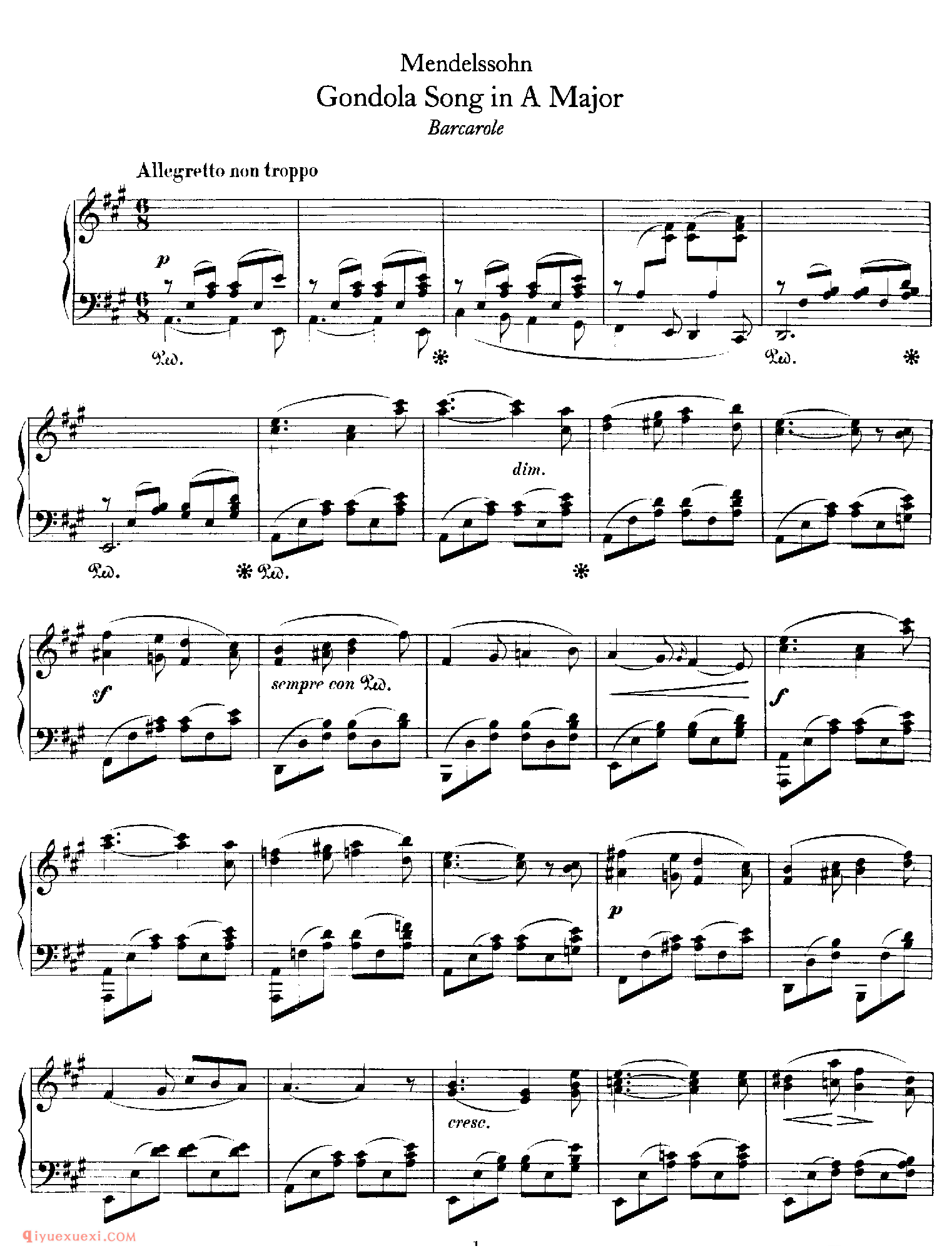 Gondola Song in A (Barcarole)_门德尔松钢琴谱