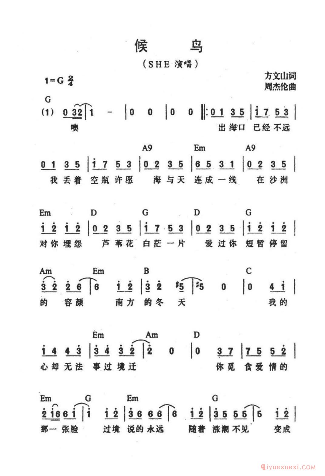 候鸟(方文山词 周杰伦曲)简谱