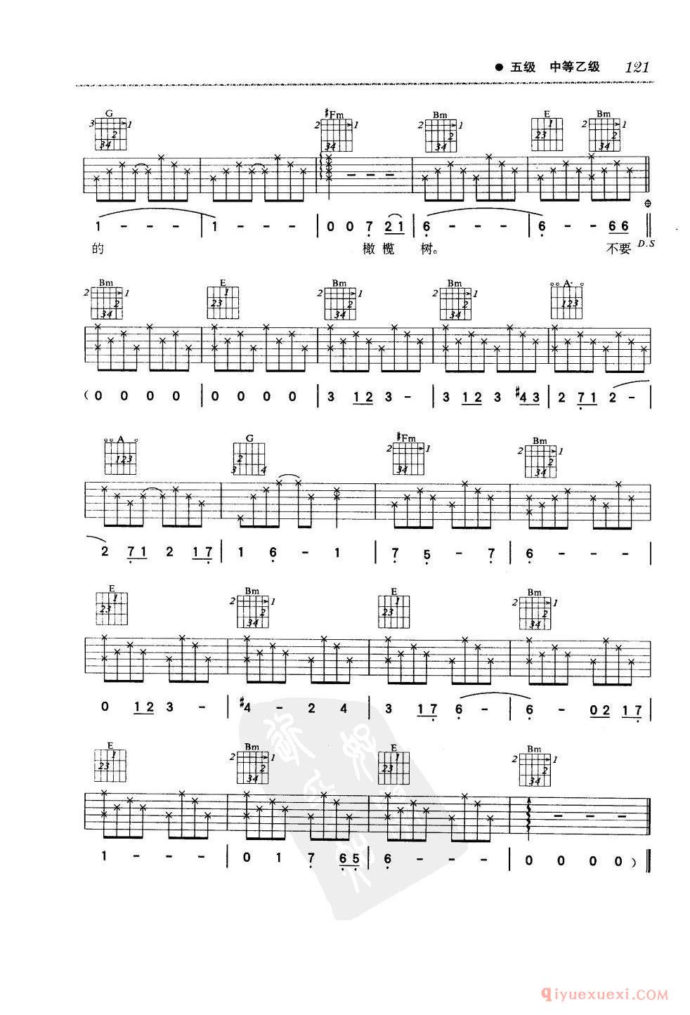 五级吉他考级曲目_橄榄树_齐豫_D调_六线谱