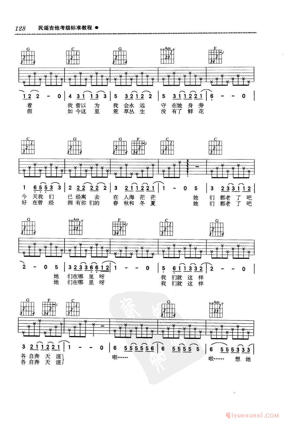 五级吉他考级曲目_那些花儿_朴树_C调_六线谱