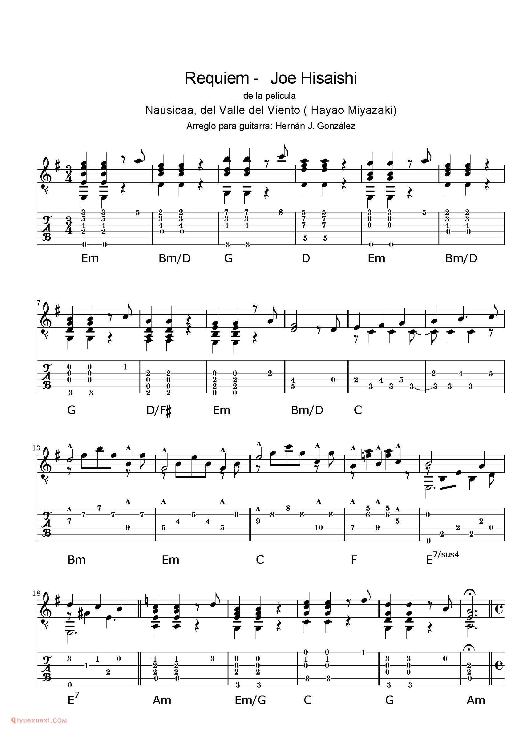 Requiem - Joe Hisaishi_古典吉他改编乐曲谱