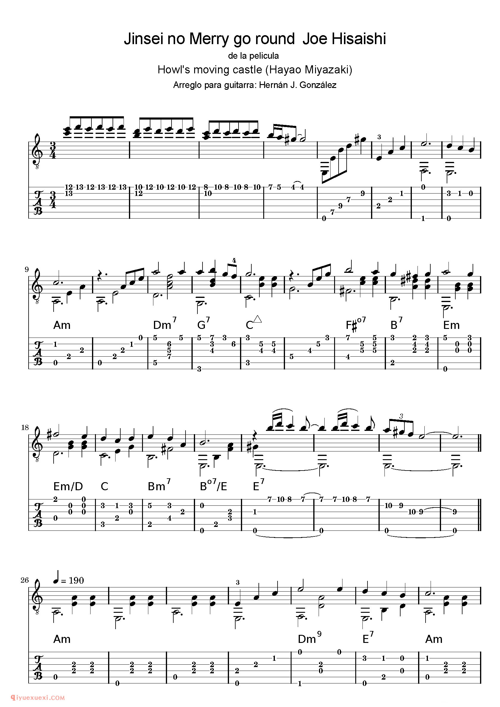 Jinsei no Merry go round Joe Hisaishi_古典吉他改编乐曲谱