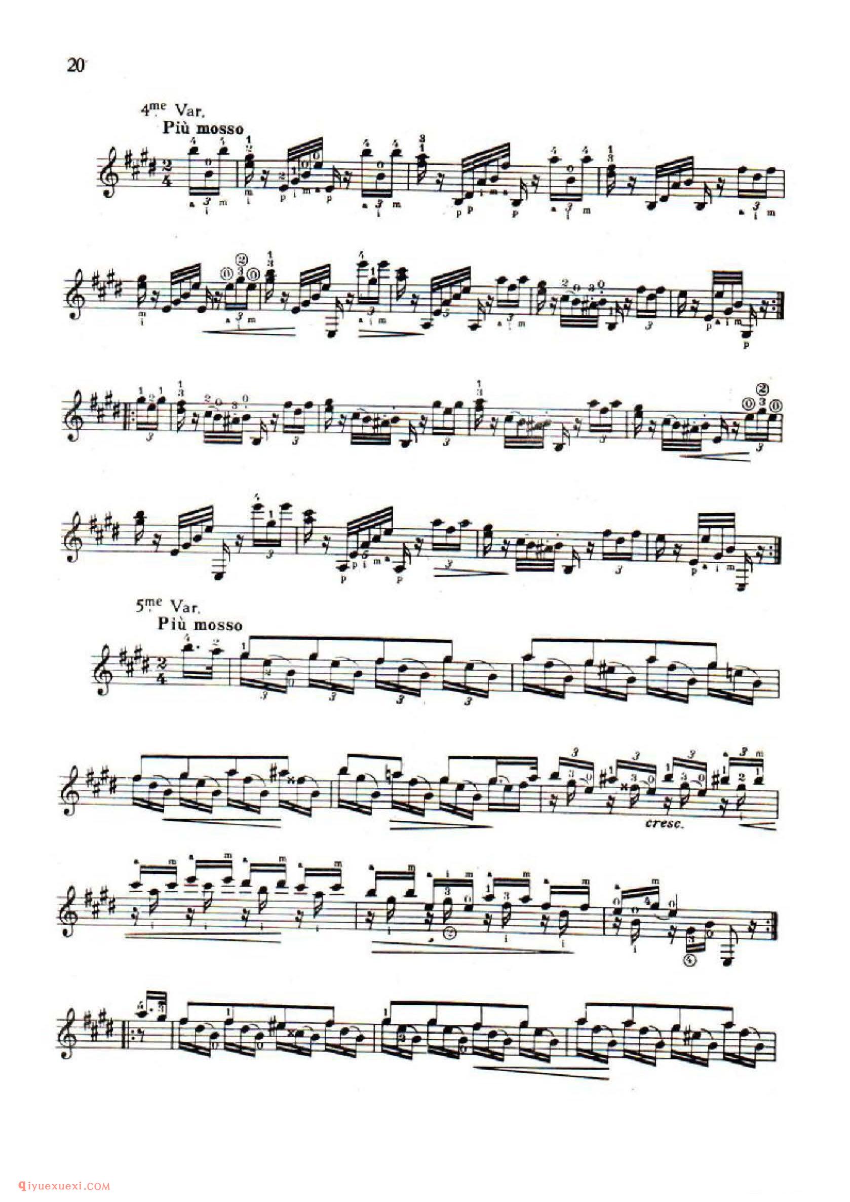 莫扎特魔笛主题与变奏[西班牙]索尔曲_塞戈维亚订指法_吉他大师名曲五线谱