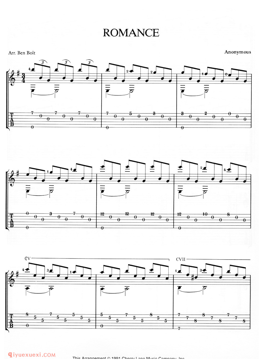 Romance (Anonymous)古典吉他进阶独奏乐曲谱