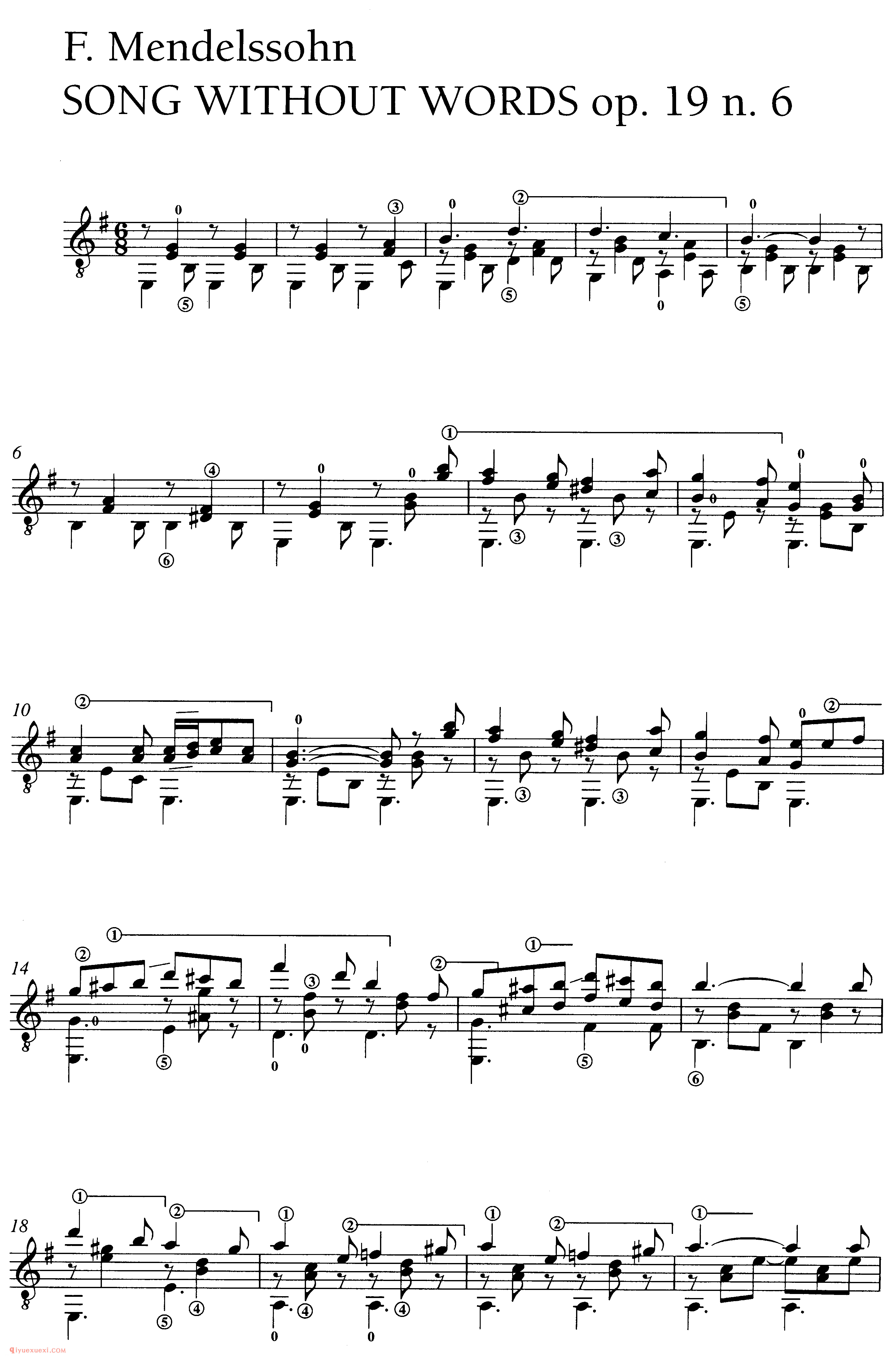 F. Mendelssohn_SONG WITHOUT WORDS op.19 n.6_塞戈维亚改编吉他谱