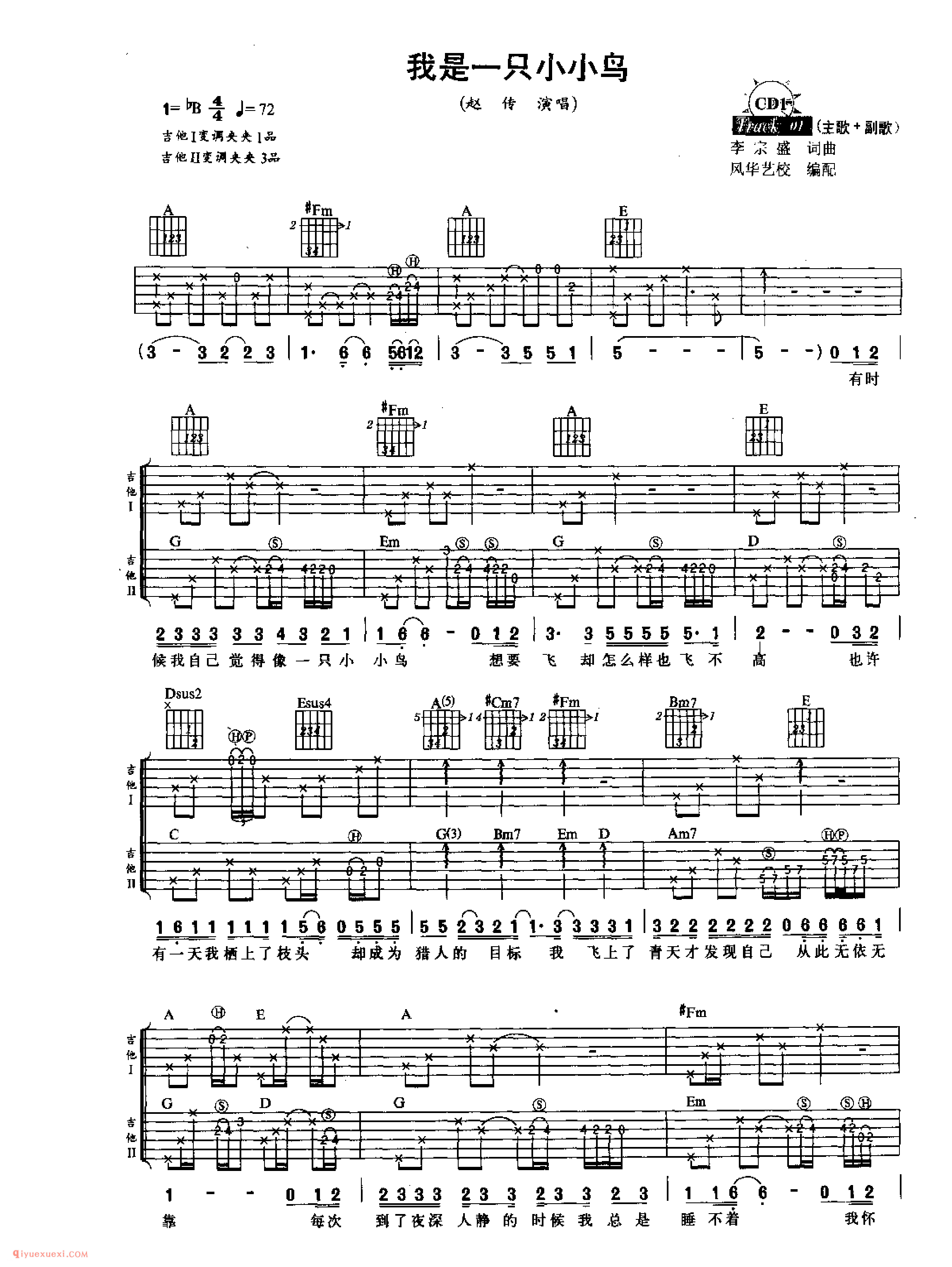我是一只小小鸟_赵传演唱_吉他弹唱名歌曲谱