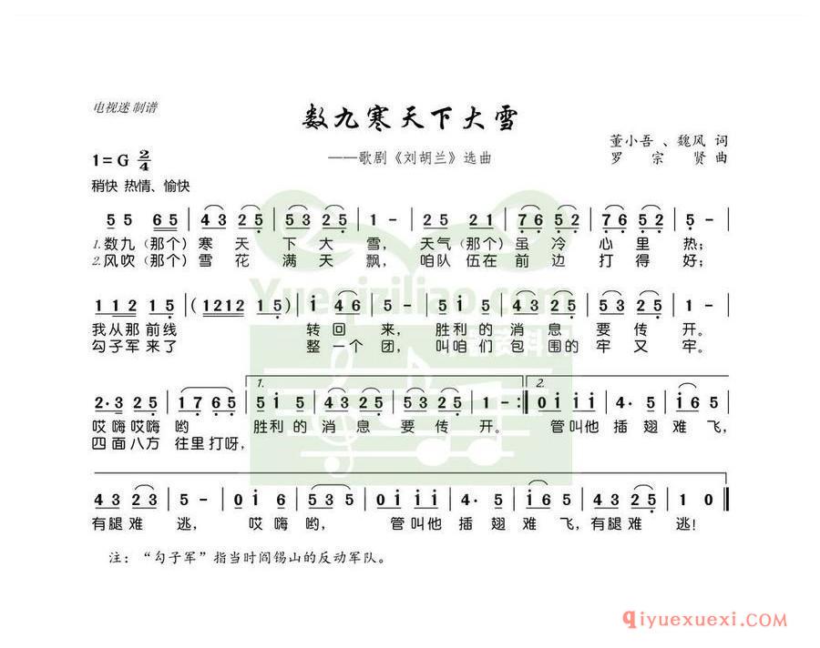 歌剧简谱 | 数九寒天下大雪 歌剧《刘胡兰》选曲