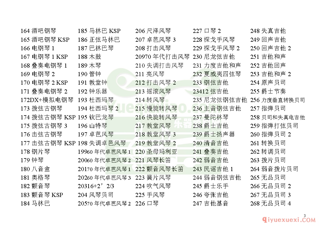 雅马哈电子琴KB280音色表