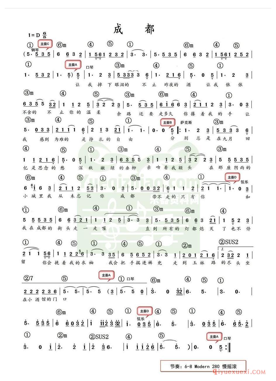 电子琴带和弦简谱 │ 成都(农村乐队)