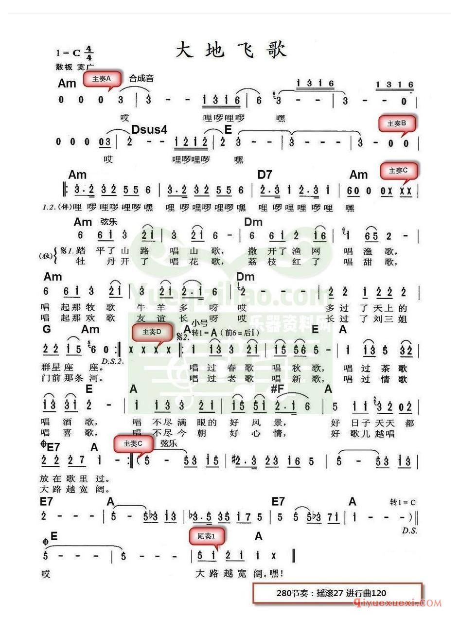 电子琴带和弦简谱 │ 大地飞歌(农村乐队)