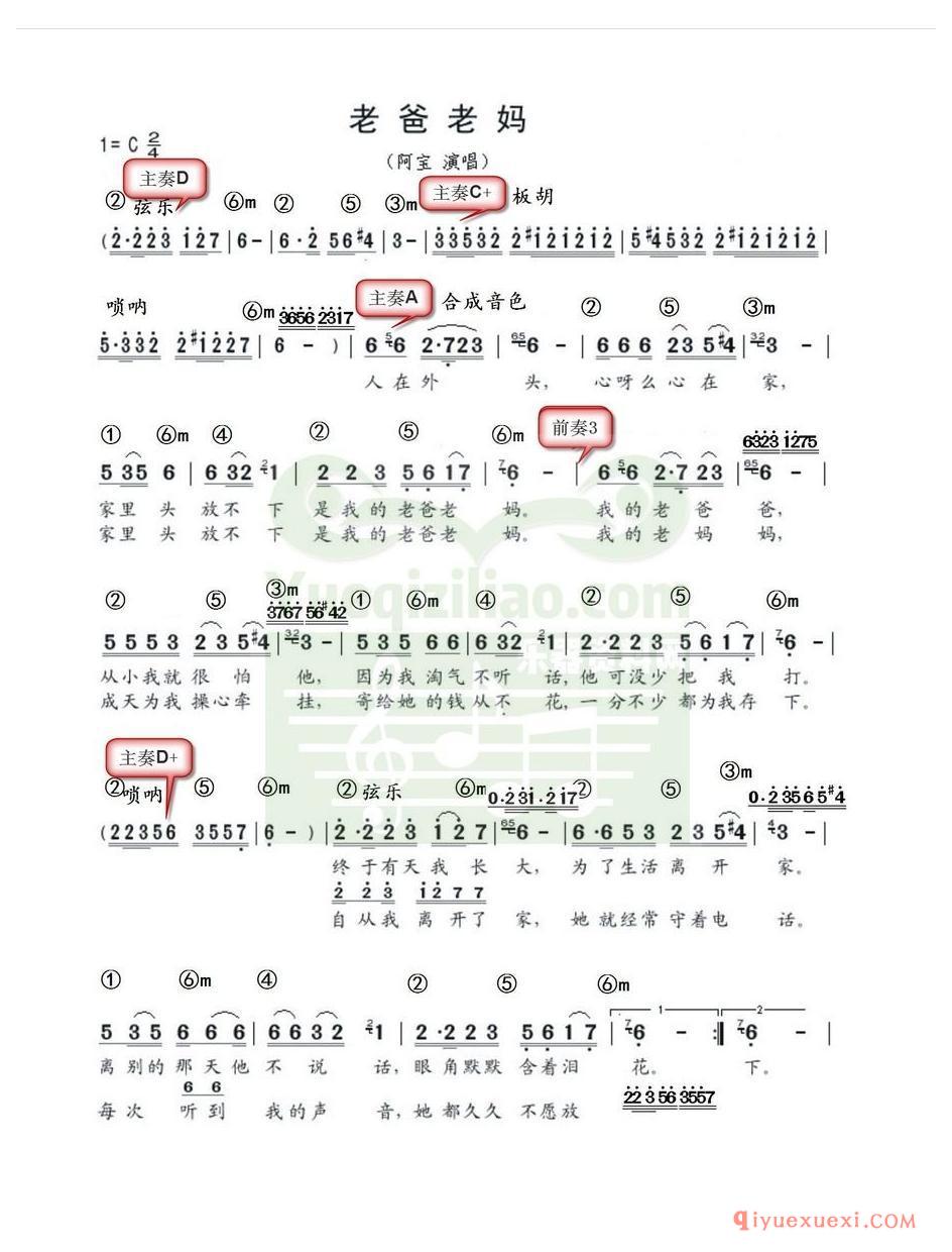 电子琴带和弦简谱 │ 老爸老妈(农村乐队)