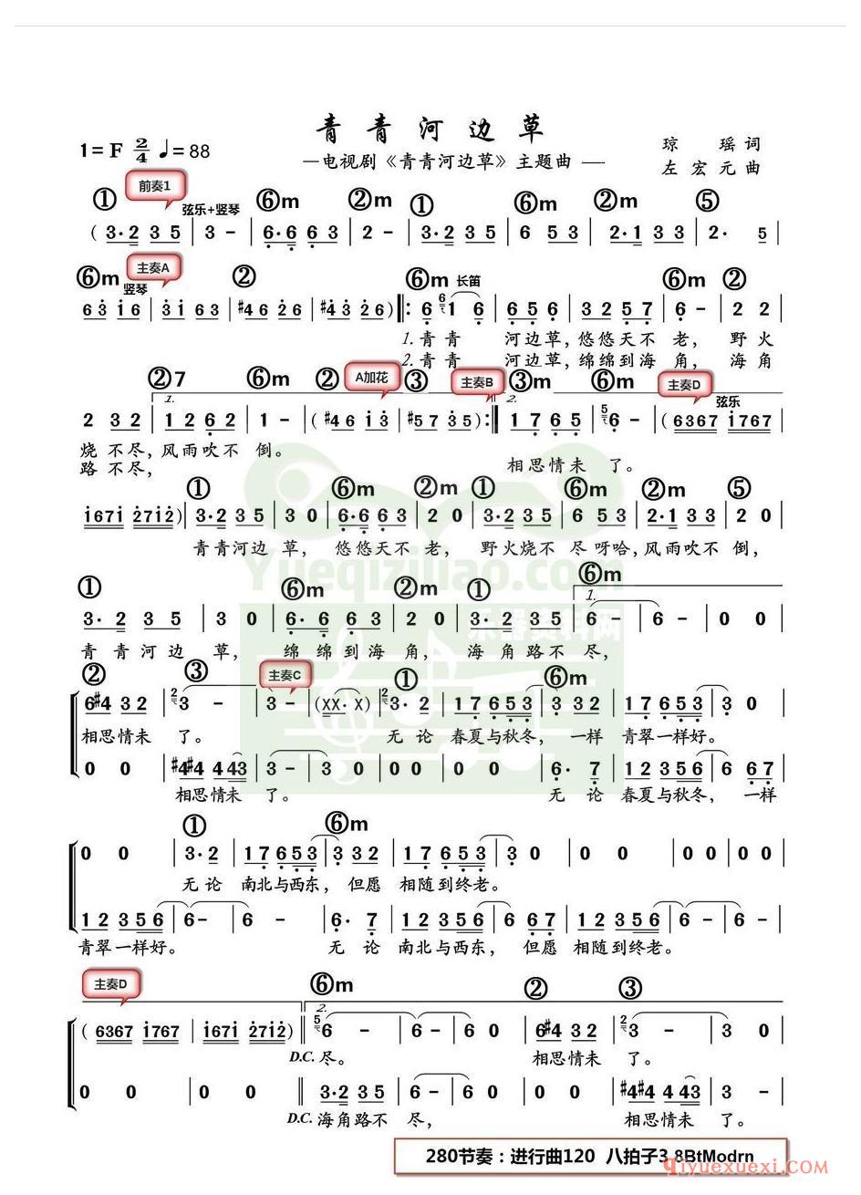 电子琴带和弦简谱 │ 青青河边草(农村乐队)