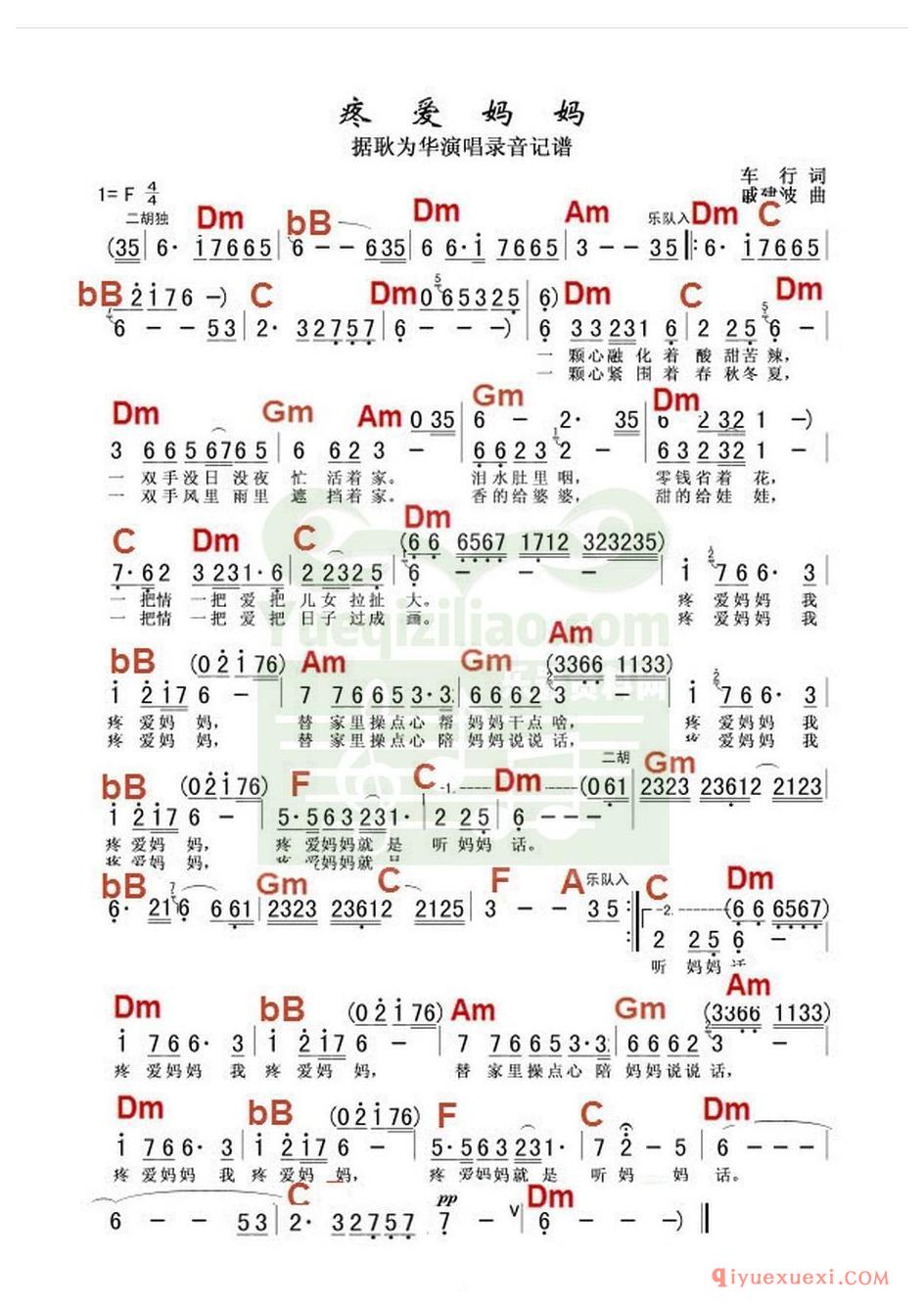 电子琴带和弦简谱 │ 疼爱妈妈(农村乐队)
