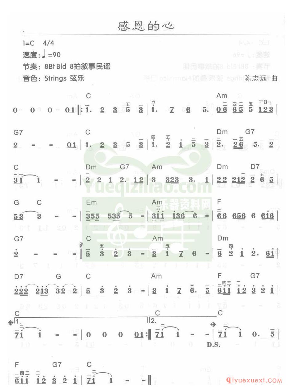 电子琴C大调a小调乐曲谱 │ 感恩的心(简谱)