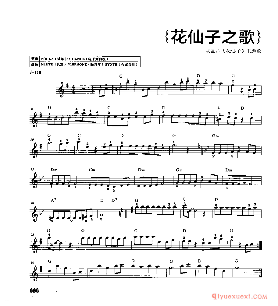 儿童音乐电子琴谱《花仙子之歌》五线谱带和弦