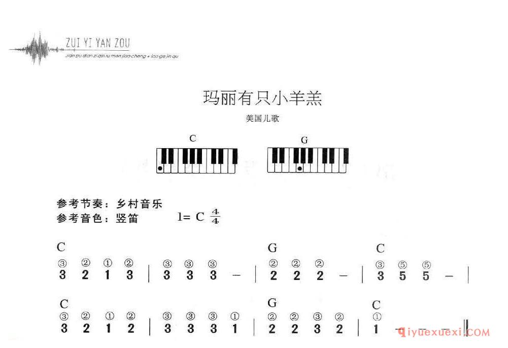 电子琴单指和弦入门练习曲 | 玛丽的小羊羔(1=C 4/4)简谱带和弦