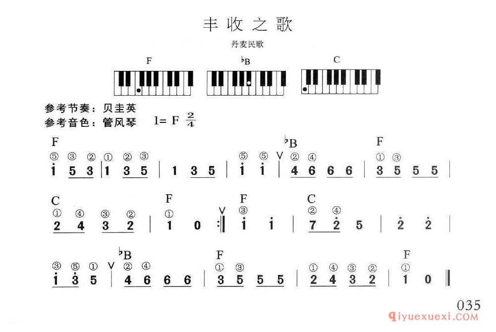 电子琴单指和弦入门练习曲 | 丰收之歌(1=F 2/4)简谱带和弦
