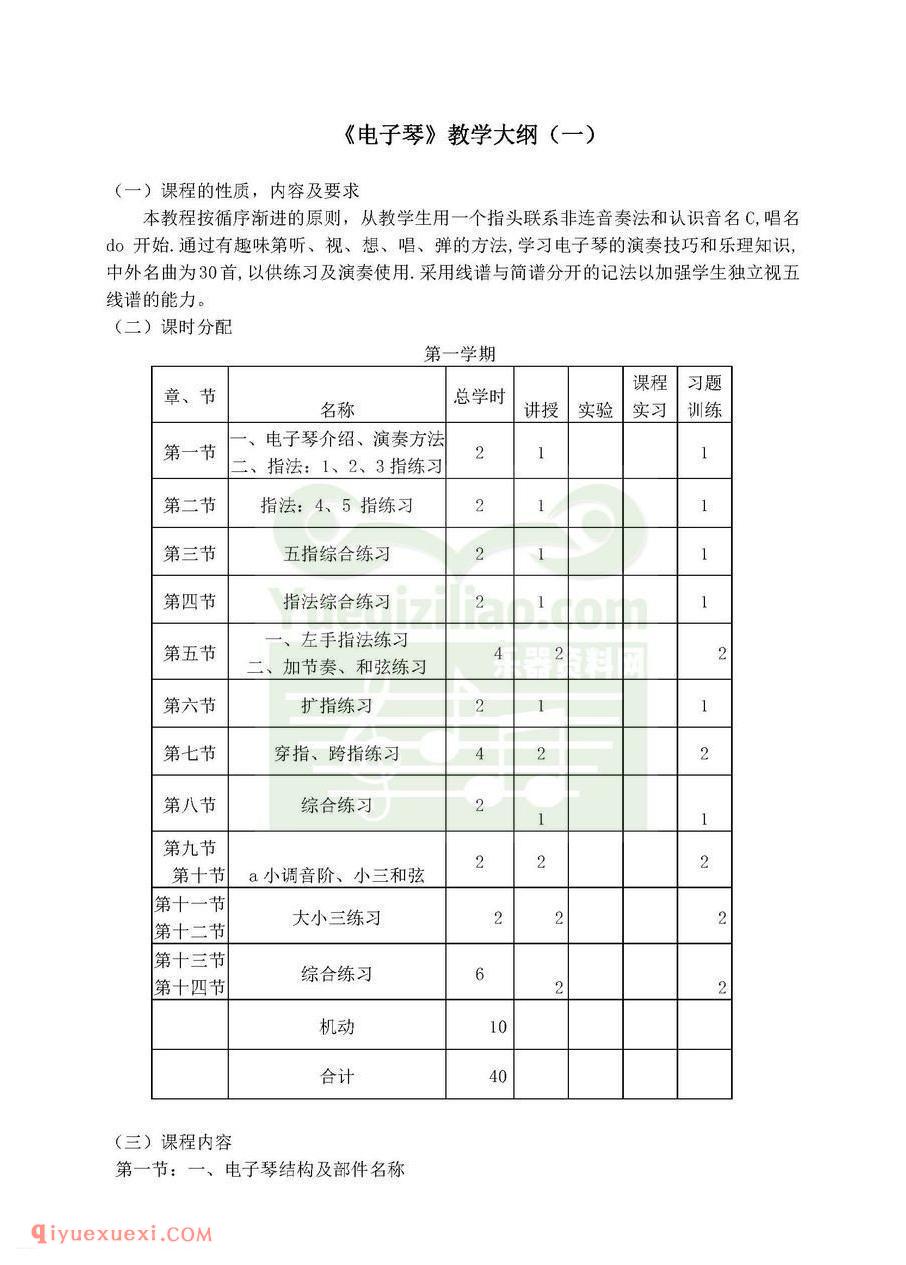 《电子琴》教学大纲参考