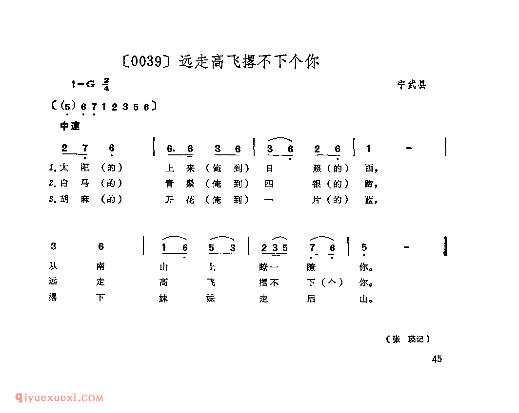 远走高飞撂不下个你&宁武县_山曲_山西民间歌曲简谱