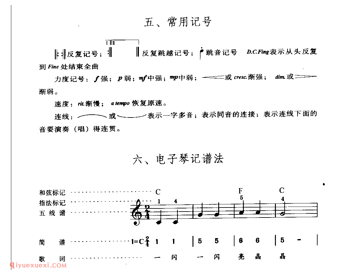 常用记号,电子琴记谱法